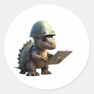 Kleiner Dinosaurier-Soldat mit Helm und Holdi Runder Aufkleber