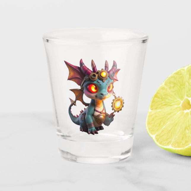 Kleiner Drache, große Energie – Die Ember Clocklin Schnapsglas (Vorderseite)