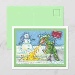 KLEINER DRACHE SCHMILZT & SCHAUFELT SCHNEE, LUSTIG FEIERTAGSPOSTKARTE