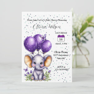 Kleiner Elefant mit träumerischen lila Ballons Einladung