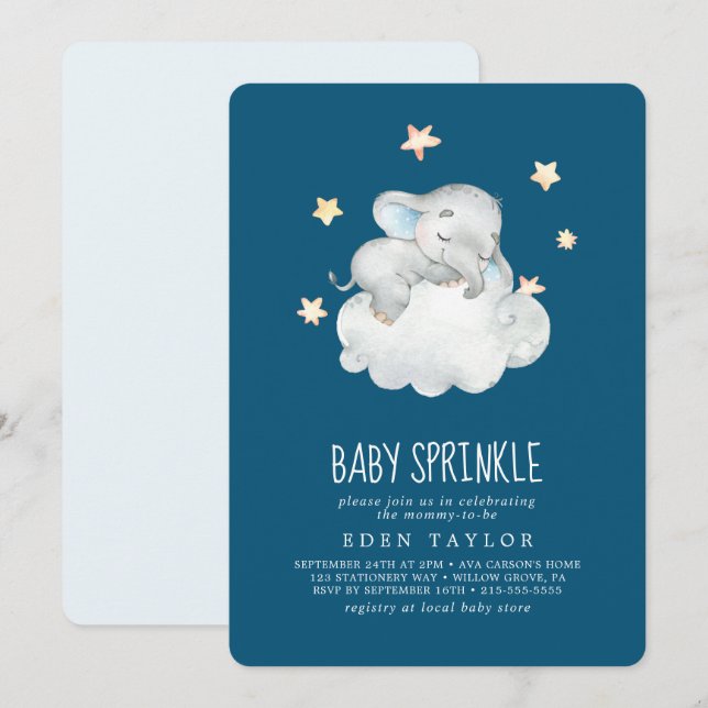 Kleiner Elefantenjunge schlafen | Navy Baby Sprink Einladung (Vorne/Hinten)