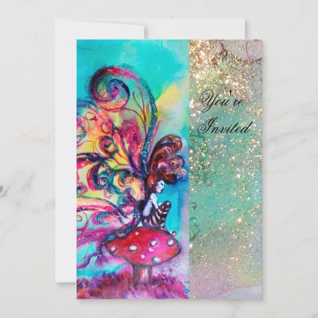 KLEINER ELF VON MUSHÖLLEN, rosa, gelb, blau funkel Einladung (Vorderseite)