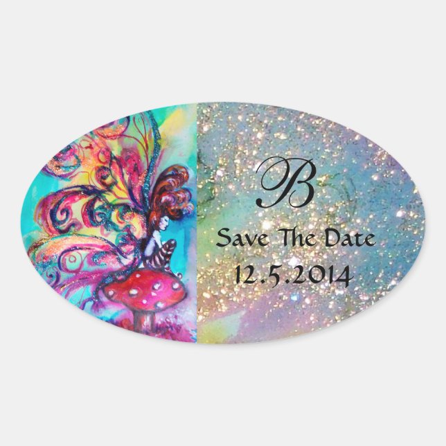 Kleiner Elf von Pilzen Save the Date Monogramm Ovaler Aufkleber (Vorderseite)