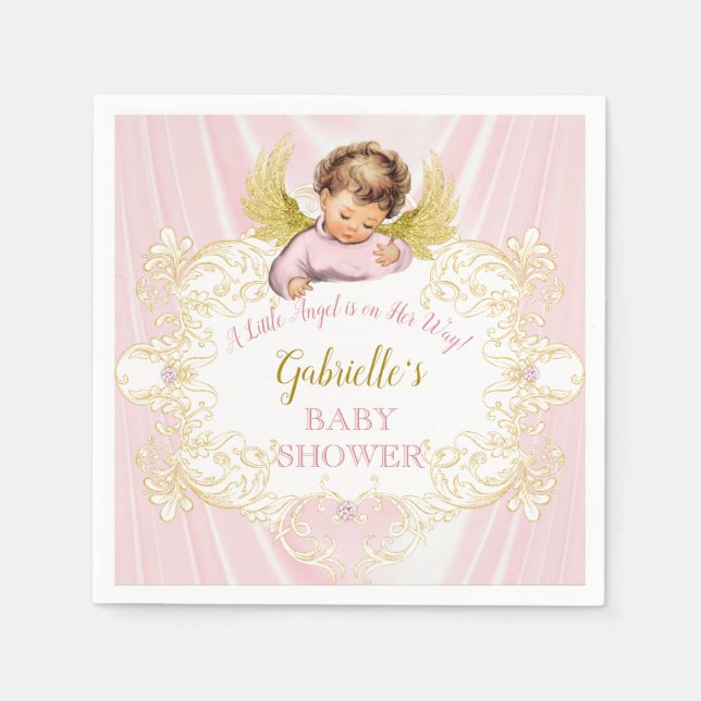 Kleiner Engel auf ihrem Weg Pink Gold Girl Flügel Serviette (Vorderseite)