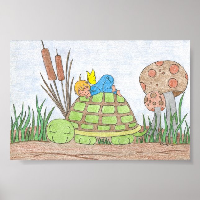 Kleiner Engel auf Schildkröte Poster (Vorne)