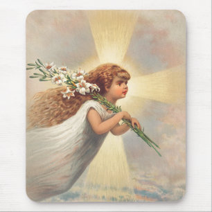 Kleiner Engel hält Lilien Mousepad