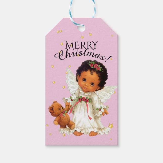Kleiner Engel mit Teddy Bear Afrocentric Christmas Geschenkanhänger (Vorderseite)