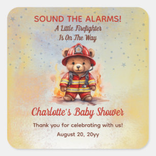 Kleiner Feuerwehr-Teddybär-Baby-Party  Quadratischer Aufkleber