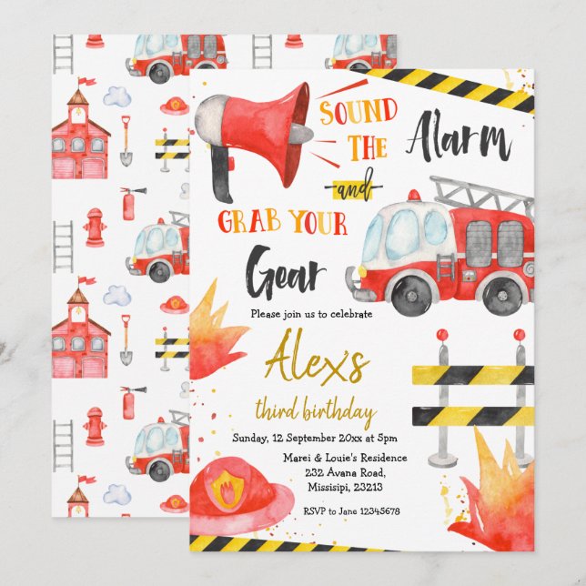 Kleiner Feuerwehrjunge Einladung zum Geburtstag (Vorne/Hinten)