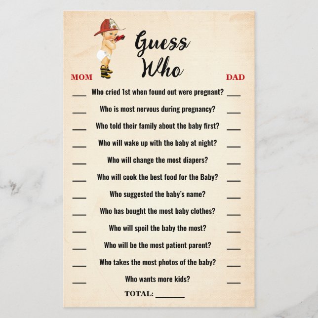 Kleiner Feuerwehrmann schätzt die "Who Baby Shower Flyer (Vorne)