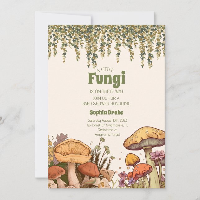 Kleiner Fungi ist auf dem Weg Mushroom Baby Dusche Einladung (Vorderseite)