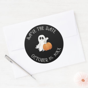 Kleiner Geist und Pumpkins Save the Date Runder Aufkleber