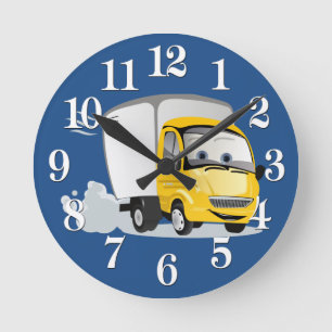Kleiner Gelber Cartoon LKW für Kinder! Runde Wanduhr