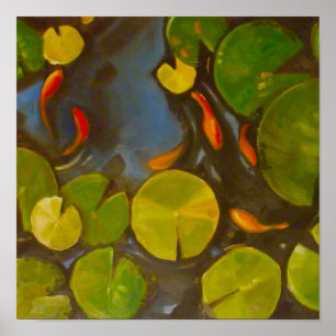 Kleiner Goldfish Koi im Teich mit Lily Pads Poster