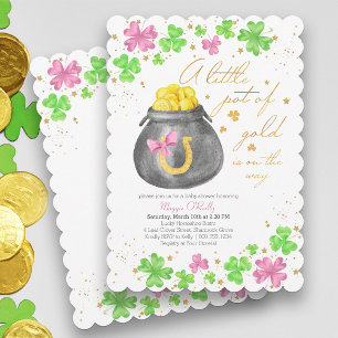 Kleiner Goldtopf Rosa Grüner Kleeblatt-Baby-Shower Einladung