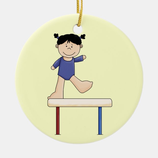 Kleiner Gymnast auf Balancestrahl (schwarzes Haar) Keramikornament (Vorne)