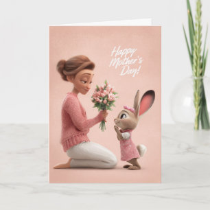 Kleiner Hase in Rosa bringt Muttertagsblumen Karte