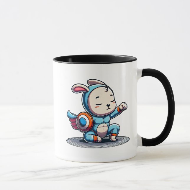 Kleiner Held-Hase in blauem Anzug. Tasse (Rechts)