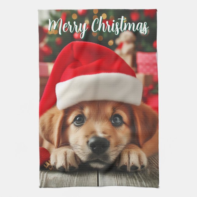 Kleiner Helfer-Welpe des Weihnachtsmanns Geschirrtuch (Vertikal)