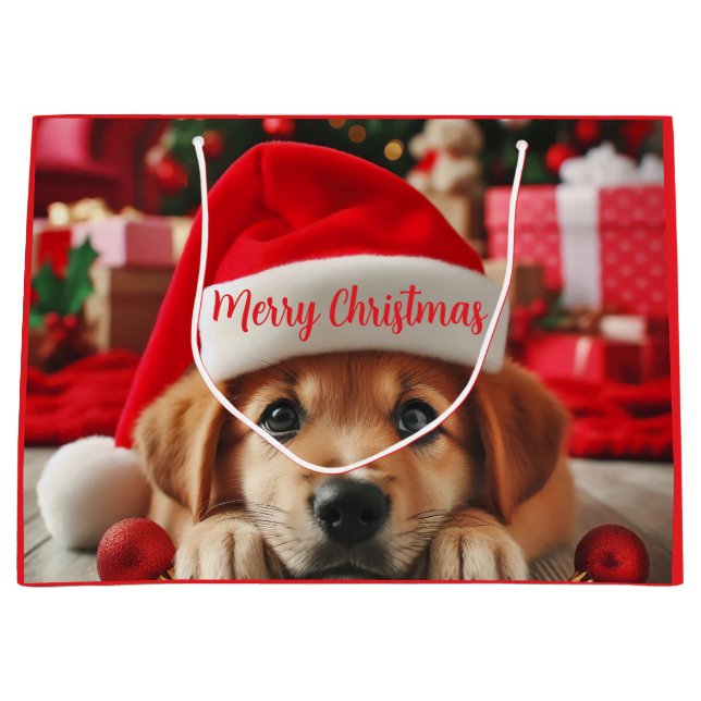 Kleiner Helfer-Welpe des Weihnachtsmanns Große Geschenktüte (Vorderseite)