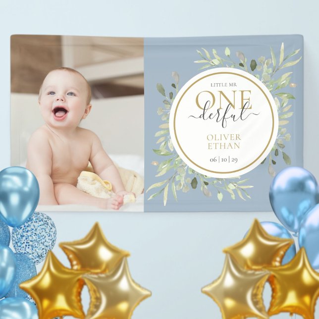 Kleiner Herr ONEderful Blue Boy Erster Geburtstag  Banner (Little Mr ONEderful Blue Boy First Birthday Photo Banner)