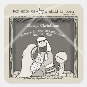 Kleiner Junge an der Manger-Merry-Weihnachtsfeier Quadratischer Aufkleber