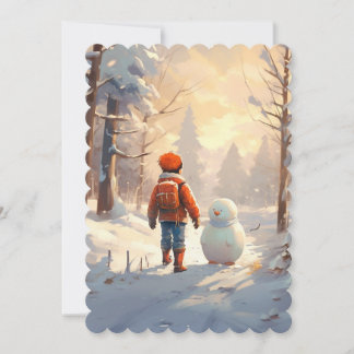 Kleiner Junge, der im Winterwald mit Schneemann sp Feiertagskarte