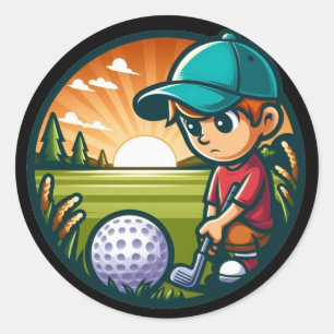 kleiner Junge, der versucht, auf Golfball zu schla Runder Aufkleber