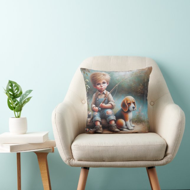 Kleiner Junge fischen mit seinem Beagle Kissen (Stuhl )