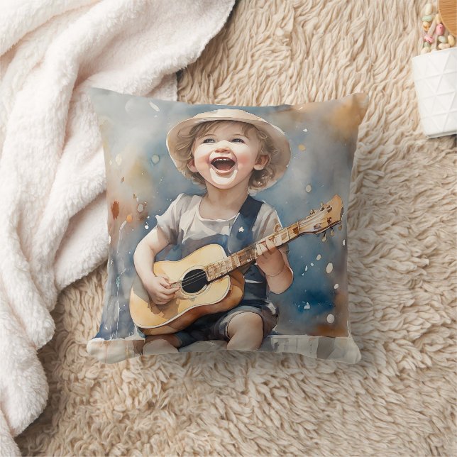 Kleiner Junge Gitarre spielen Wasserfarbe singen Kissen (Decke)