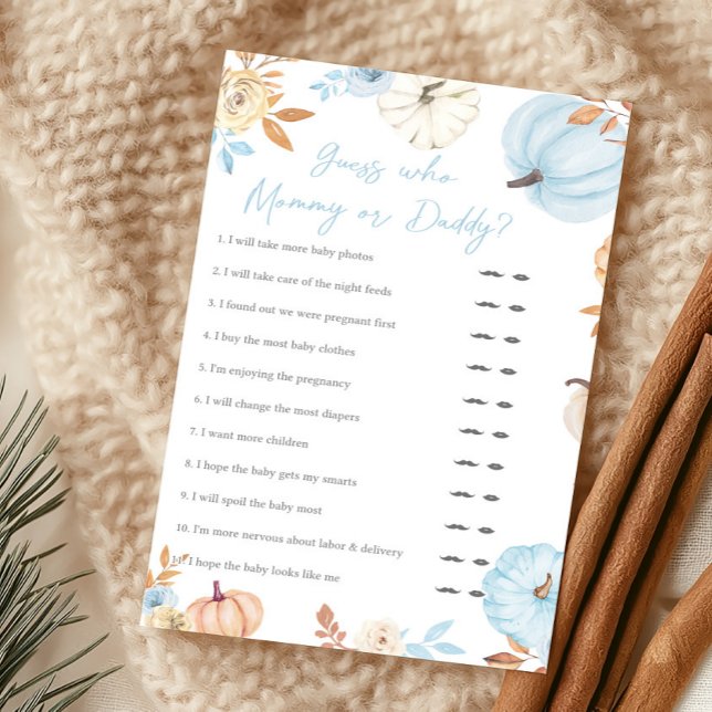 Kleiner Junge Kürbis Herbst Rate wer Mama oder Pap (Boy Little Pumpkin Fall Baby Shower Guess Who Mommy or Daddy Game)