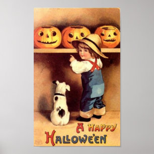 Kleiner Junge mit Hund und Pumpkins Poster