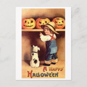 Kleiner Junge mit Hund und Pumpkins Postkarte