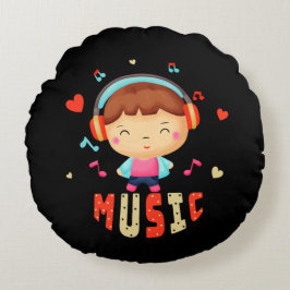 Kleiner Junge mit Musik Rundes Kissen