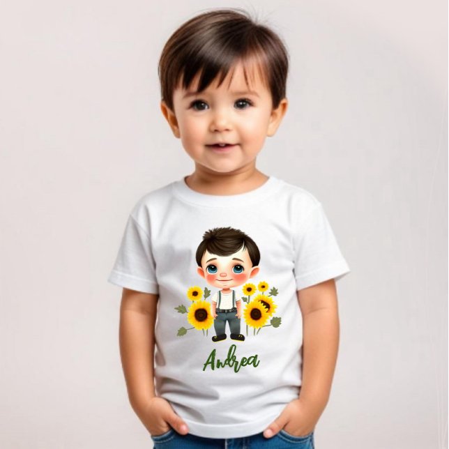 Kleiner Junge mit Sonnenblumen Baby T-shirt (Von Creator hochgeladen)