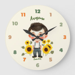 Kleiner Junge mit Sonnenblumen Große Wanduhr