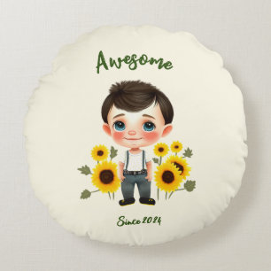 Kleiner Junge mit Sonnenblumen Rundes Kissen