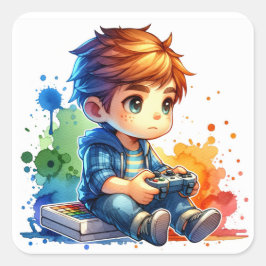 Kleiner Junge spielt Videospiele Quadratischer Aufkleber