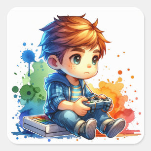 Kleiner Junge spielt Videospiele Quadratischer Aufkleber
