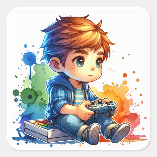 Kleiner Junge spielt Videospiele Quadratischer Aufkleber (Vorderseite)