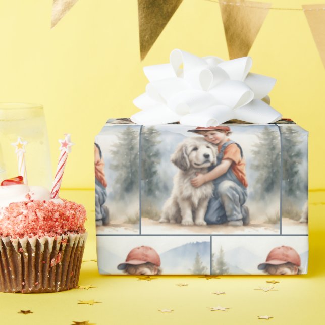Kleiner Junge umarmt Hund in Wasserfarbe Geschenkpapier (Geburtstagsparty)