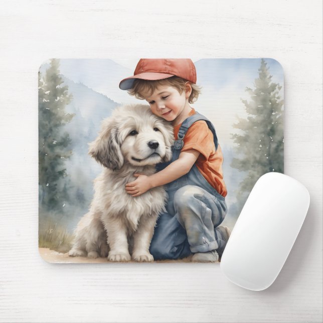 Kleiner Junge umarmt Hund in Wasserfarbe Mousepad (Mit Mouse)