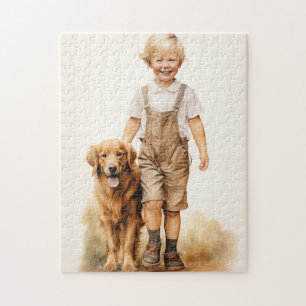 Kleiner Junge und Golden Retriever