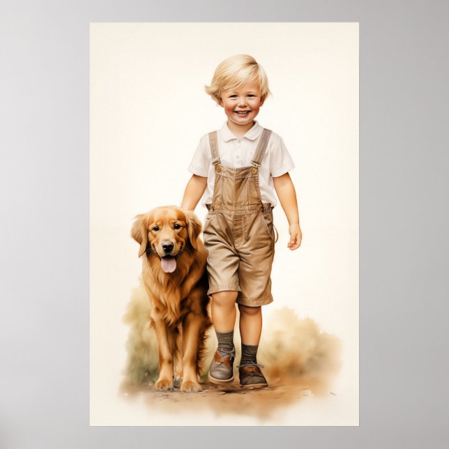 Kleiner Junge und Goldene Retriever Poster (Vorne)