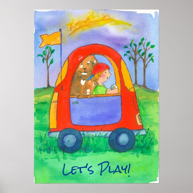 Kleiner Junge und Hund spielen Poster (Vorne)