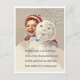 Kleiner Junge versteckt sich hinter Schneemann, Vi Postkarte