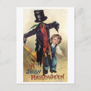 Kleiner Junge & Vogelscheuche Vintage Halloween Postkarte