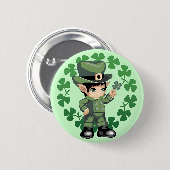 Kleiner Kobold mit Kleeblättern Button (Vorne & Hinten)