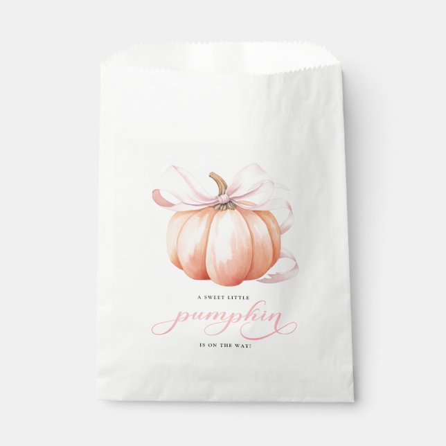 Kleiner Kürbis auf die Pink Bow Baby Dusche Geschenktütchen (Vorderseite)