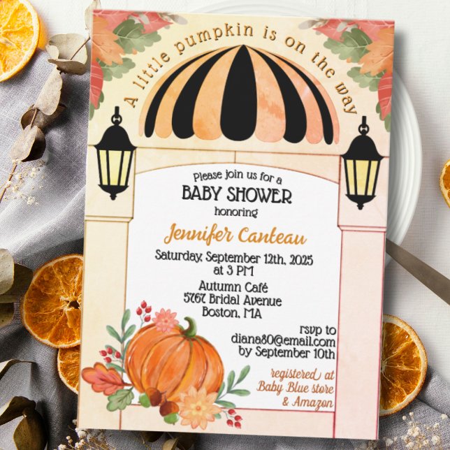 Kleiner Kürbis Herbst Kinderdusche Einladung (Autumn, Fall Baby Shower Invitation with Pumpkin)